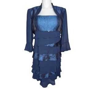 Blue Tiered Beaded Cocktail Dress Shrug Jacket 18 Mother of Bride Occasion Event